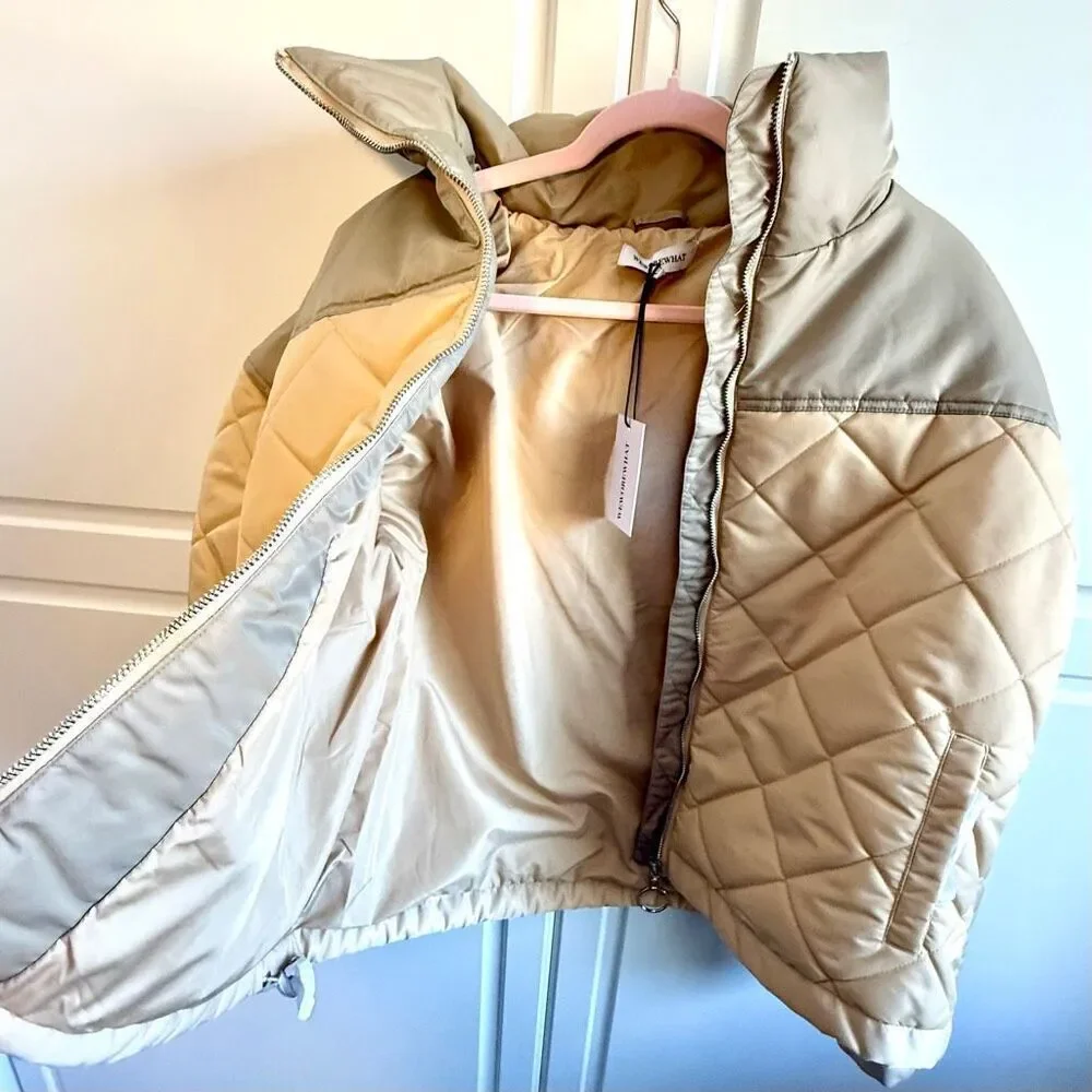NWT WeWoreWhat Color Blocked Quilted Puffer Jacket in a muted sage/beige colorwa